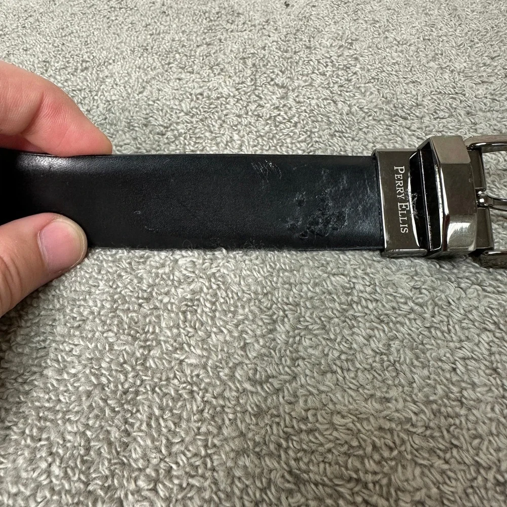 Perry Ellis Mens Reversible Leather Belt Black Brown Gunmetal Buckle Size 36